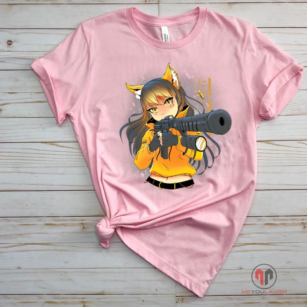Young Asian Girl with Riffle Anime Shirt